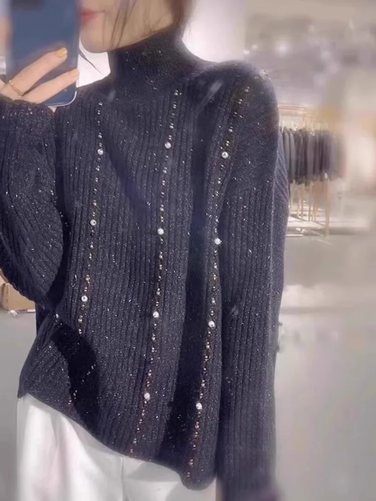 المرأة كسول Sle محبوك سترة علوية طويلة Sve الثقيلة الزينة تصميم قاعدة طبقة irt لينة مريحة عالية الياقة #1