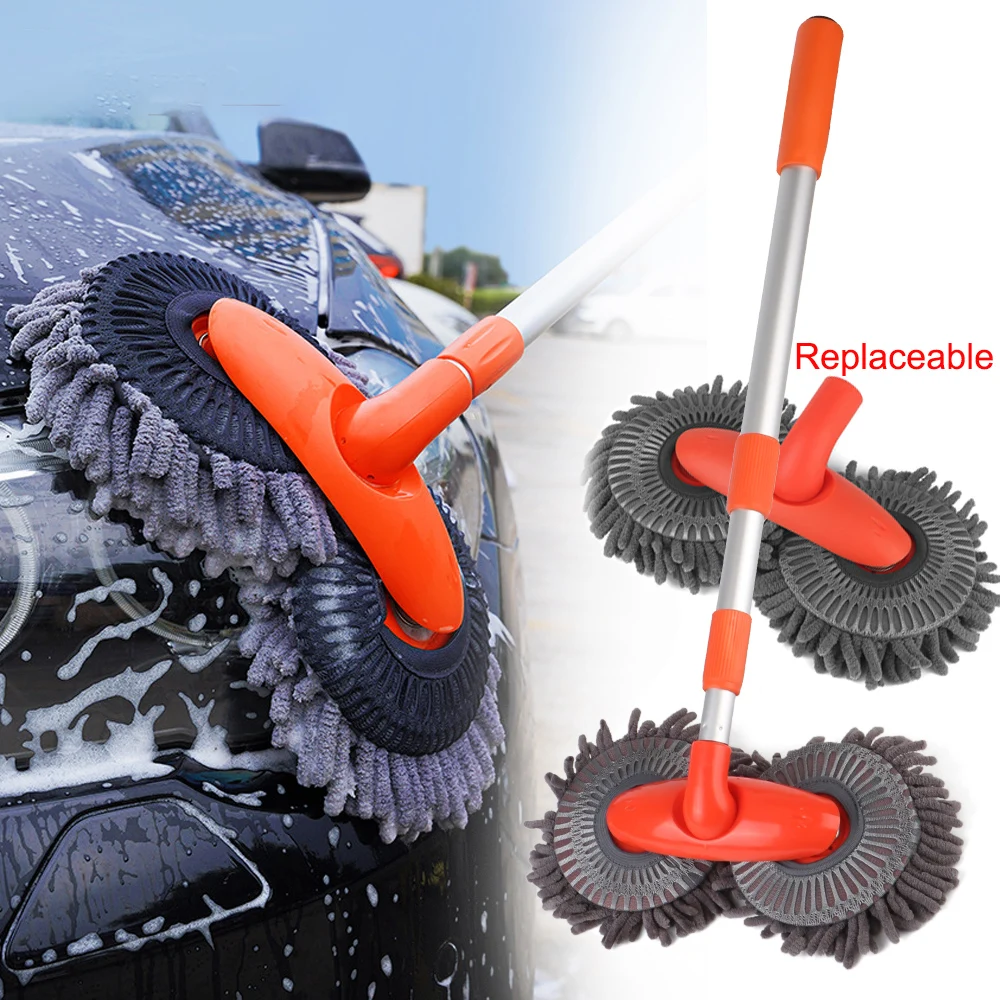 Rotating Double Brush Head Car Wash Mop Auto Supplies Three-Section Telescopic Mop Roof Window Cleaning Maintenance Accessories