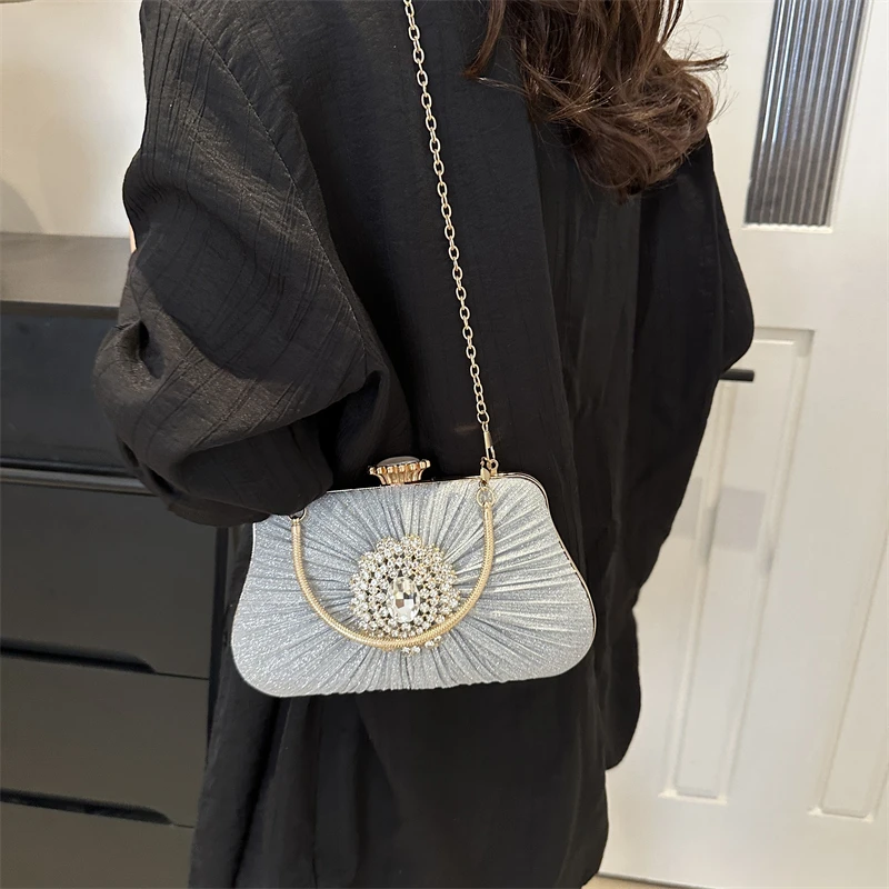 Small Cute PU Leather Shoulder Bag Chain Handbags Designer Women 2024 Korean Fashion Party Diamond Design Gold Crossbody Bag