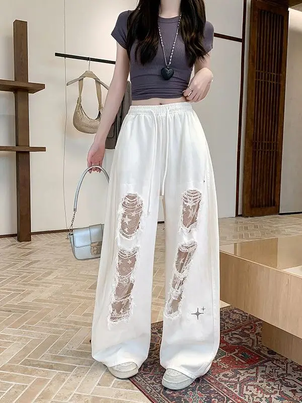 

American Style Hot Girl High Street Ripped Jeans Women Summer 2026 New Elastic High Waist Belted Workwear Knife Pants