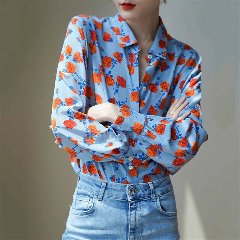 Women\'s Clothing 2023 Flower Print Vintage Elegant Button Up Shirt Trendy Street Chic Blouse Long Sleeve Loose Tops Blusas Mujer