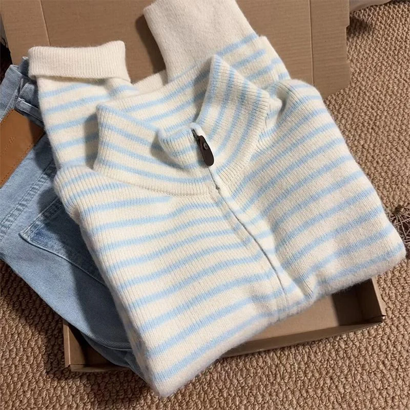 

MEXZT полосатый вязаный кардиган женский Harajuku свитер с длинными рукавами верхняя одежда корейский трикотаж на молнии зимние модные джемперы новый