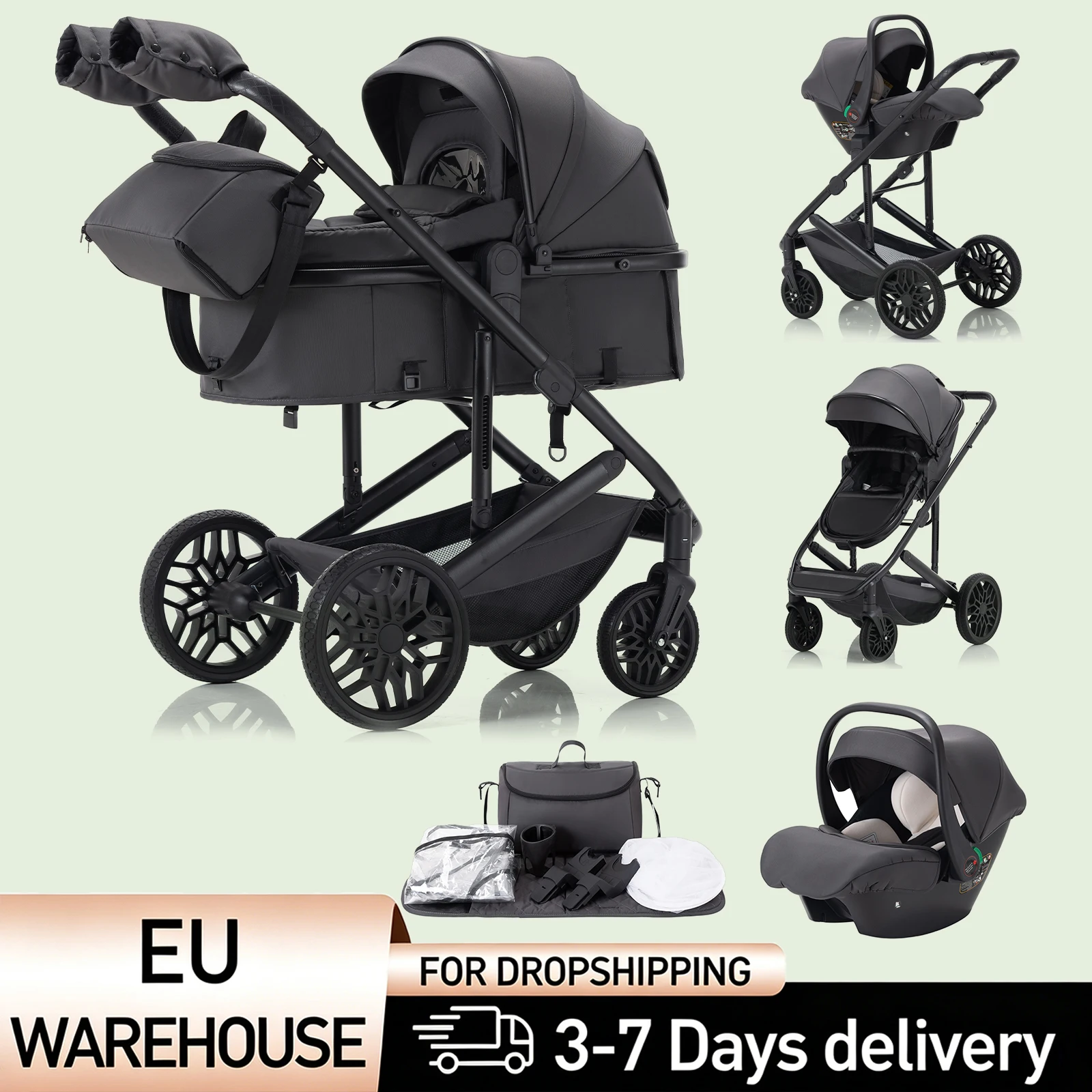 Luxuriöser 3-in-1 tragbarer Reise-Kinderwagen mit hohem Landschaftsaluminiumrahmen, faltbarer Kinderwagen für Neugeborene mit vier Rädern