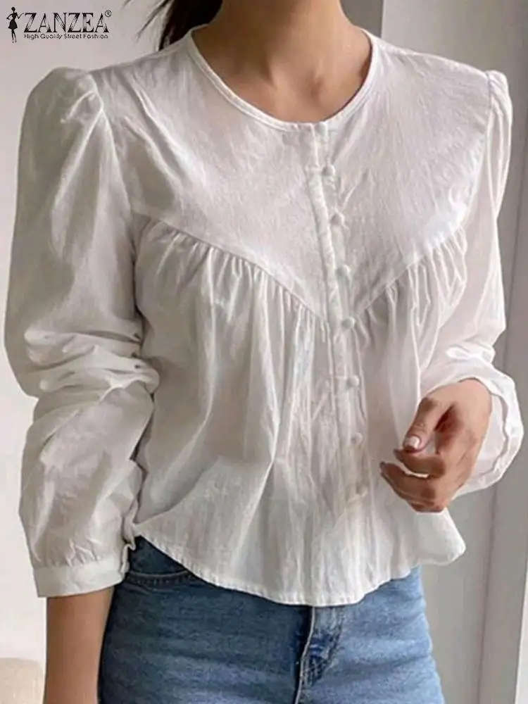 

ZANZEA Oversized Tunics Office Lady Shirts Women Solid Color Blouse Fashion Korean Pleating Tops 2024 Summer Long Sleeve Blusas