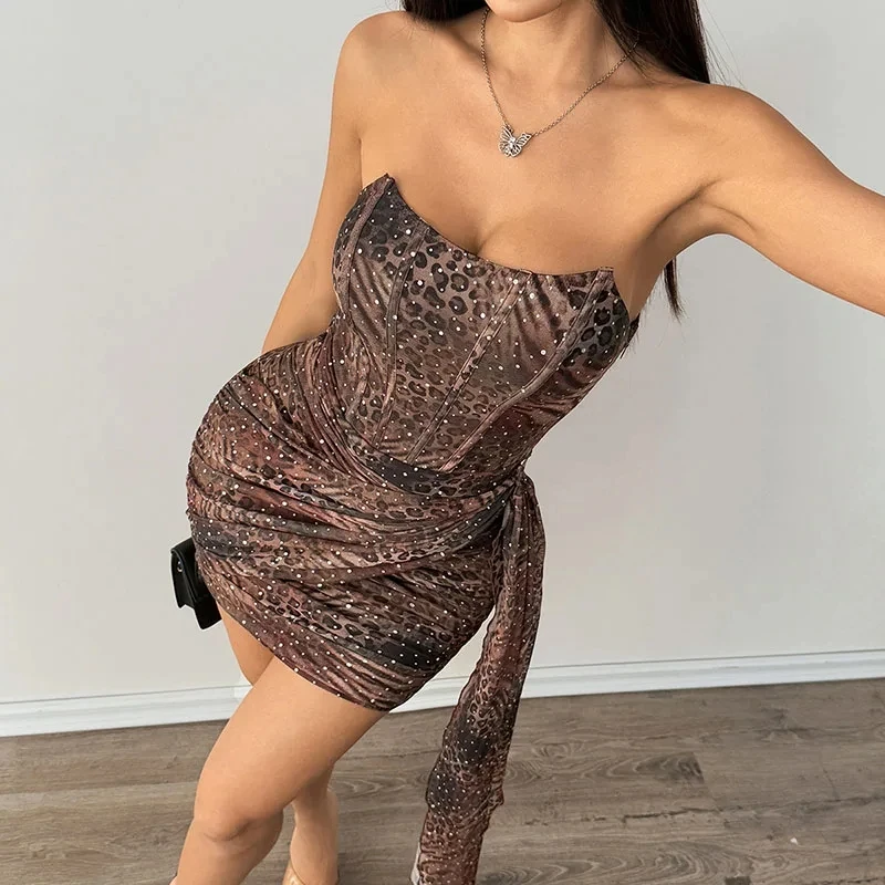 

Sexy Nightclub Leopard Printed Slim Short Dress Hot Girl Off Shoulder Sleeveless Wrap Hips Dress Summer Ribbon High Waist Dress