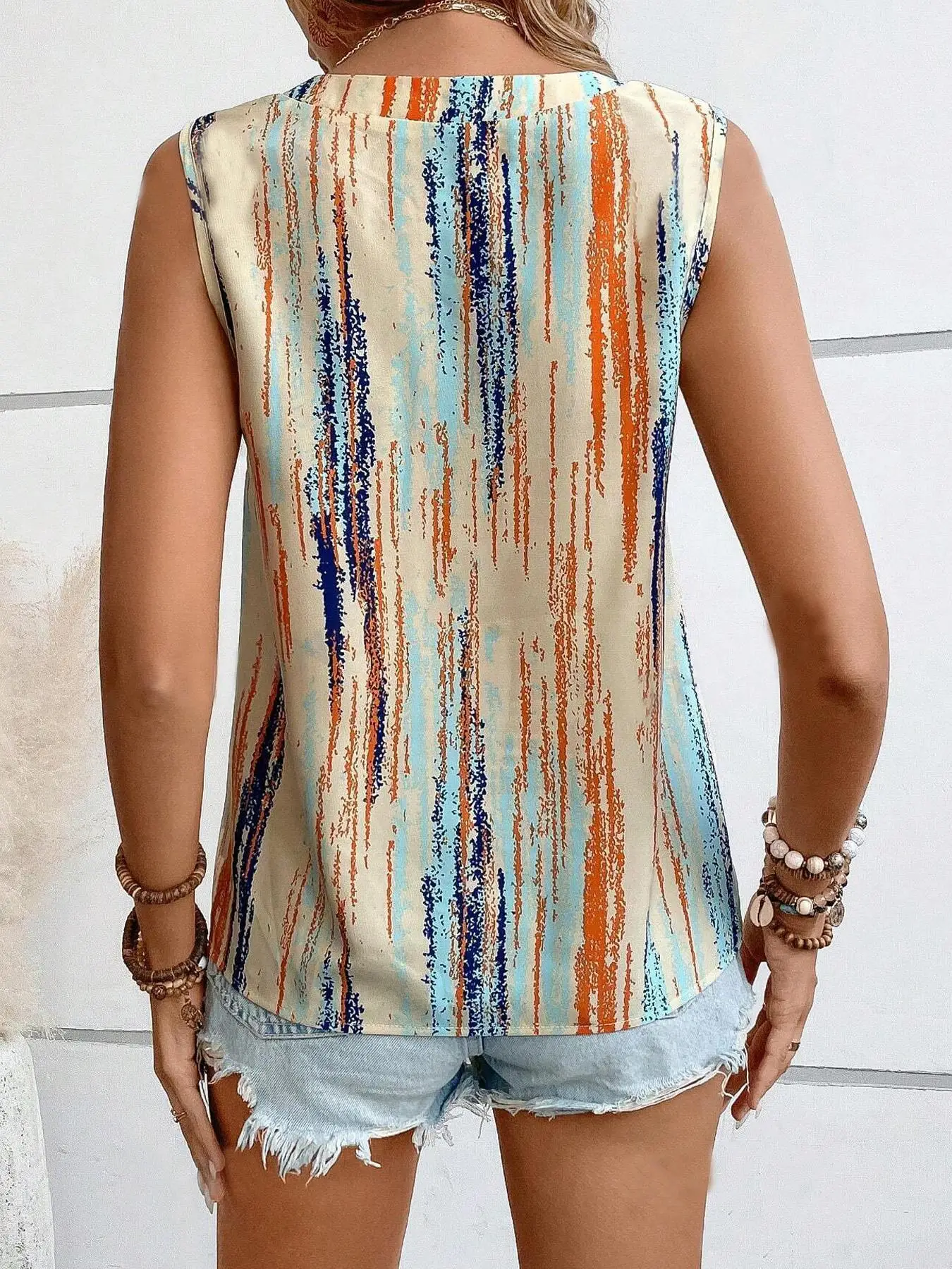 Women Sleeveless Henley Neck Tank Top Tie Dye Striped Print Button Front Casual Summer Loose Blouse Lightweight Polyester