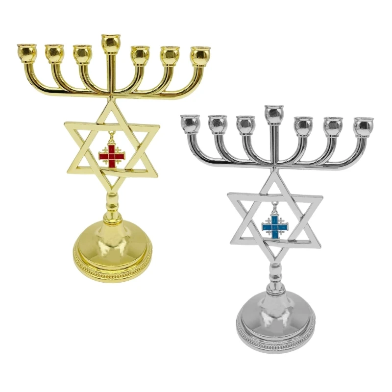 

Jewish Star Menorah Jerusalem 7 Branch Holder with Metal Pendant Candlestick Religious Home Decor Ornament