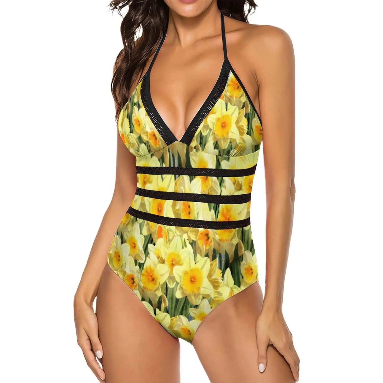Yellow Flower Swimsuit Daffodil Floral Print Novelty Swimwear One Piece Sport Swimsuits Sexy Hollow Out Bathing Suits