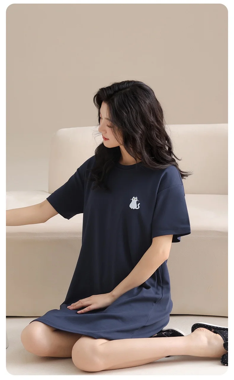 Dawnloom Navy Cotton Nightgown with Built-in Bra (Short Sleeve) for Women Minimalist Cute Comfortable Home Pajamas