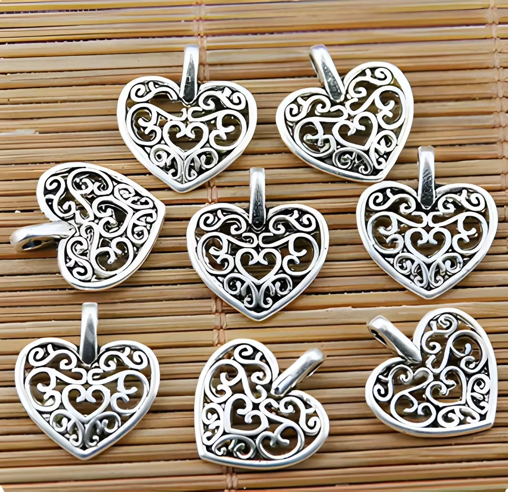 

30 pcs 16.4*14.3mm Alloy metal tibetan silver color 2sided hollow floral heart pendants HWEF1783