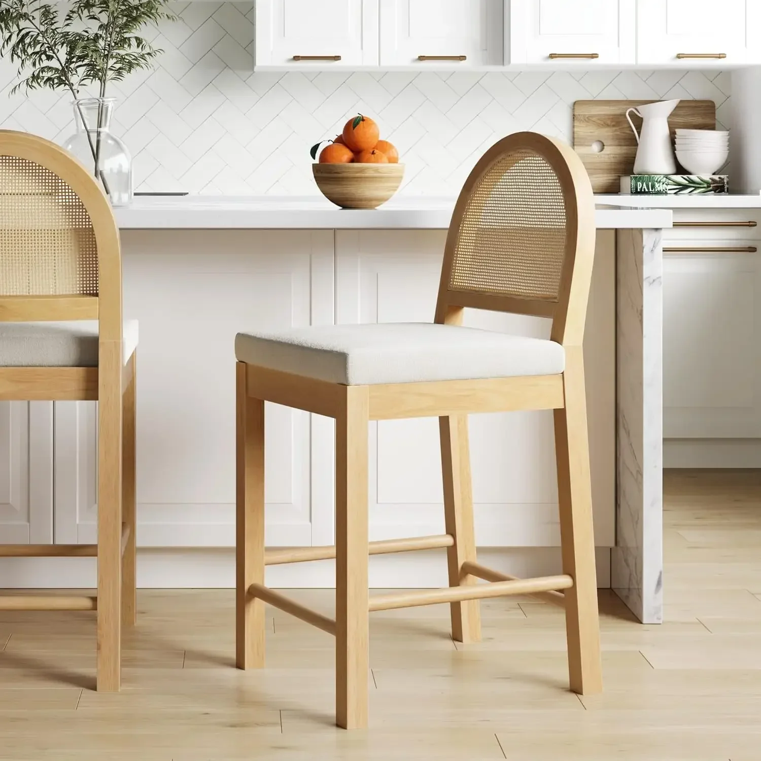 Nathan James Bailey Upholstered Rattan Bar Stool in Oak Finish Frame, Natural Rattan Woven Back For Kitchen Island