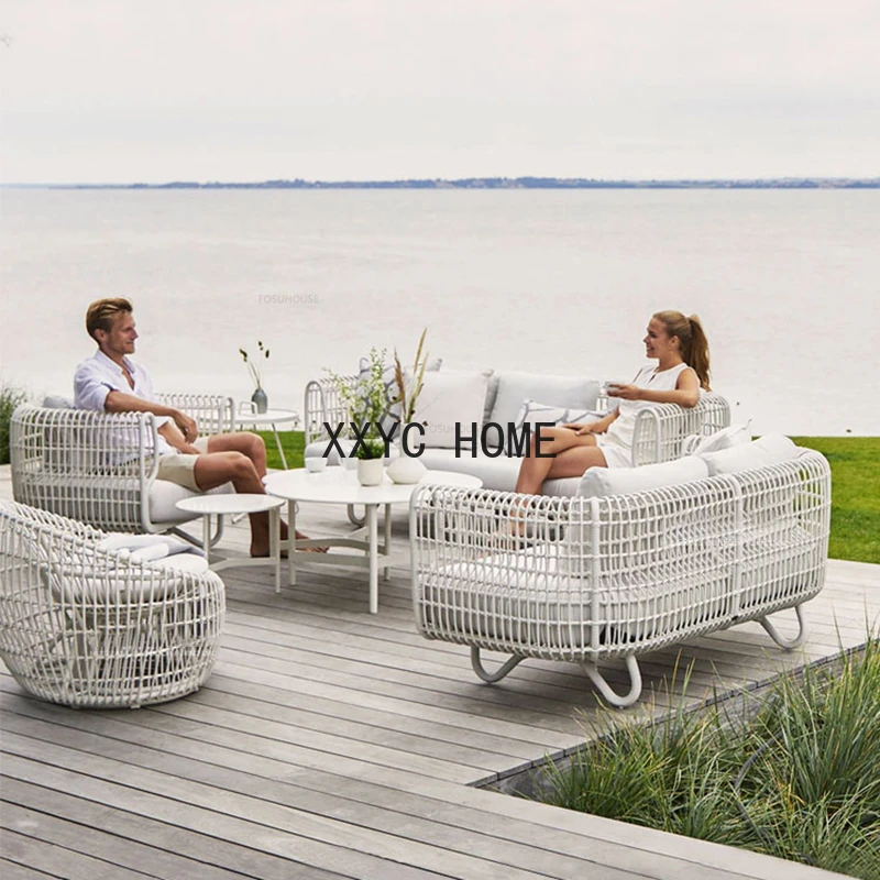 Balcony Rattan Garden Sofas Outdoor Patio Furniture Garden Combination Waterproof Sun Protection Lazy Sofa Outdoor Leisure Chair