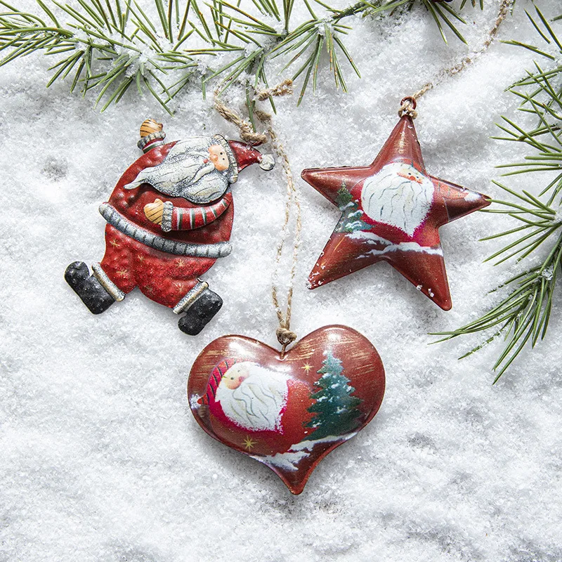 Vintage Painted Iron Santa Hanging Christmas Figurine Ornament Decor Xmas Tree Decoration Party Supplies New Year Gift 2024