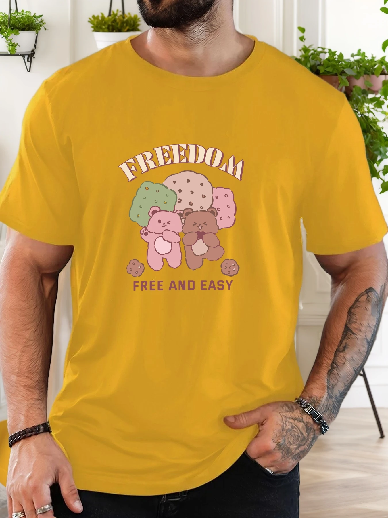 Men's 100% Cotton Printed T-Shirt Free Bear Pattern Summer Casual Oversized Round Neck Short Sleeve Comfortable Daily Wear Tee