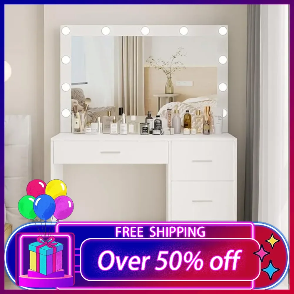 

Makeup Vanity Desk, Makeup Table with Large Mirror and 11 LED Lights, Brightness Adjustable, Dressing Table with 4 Drawers