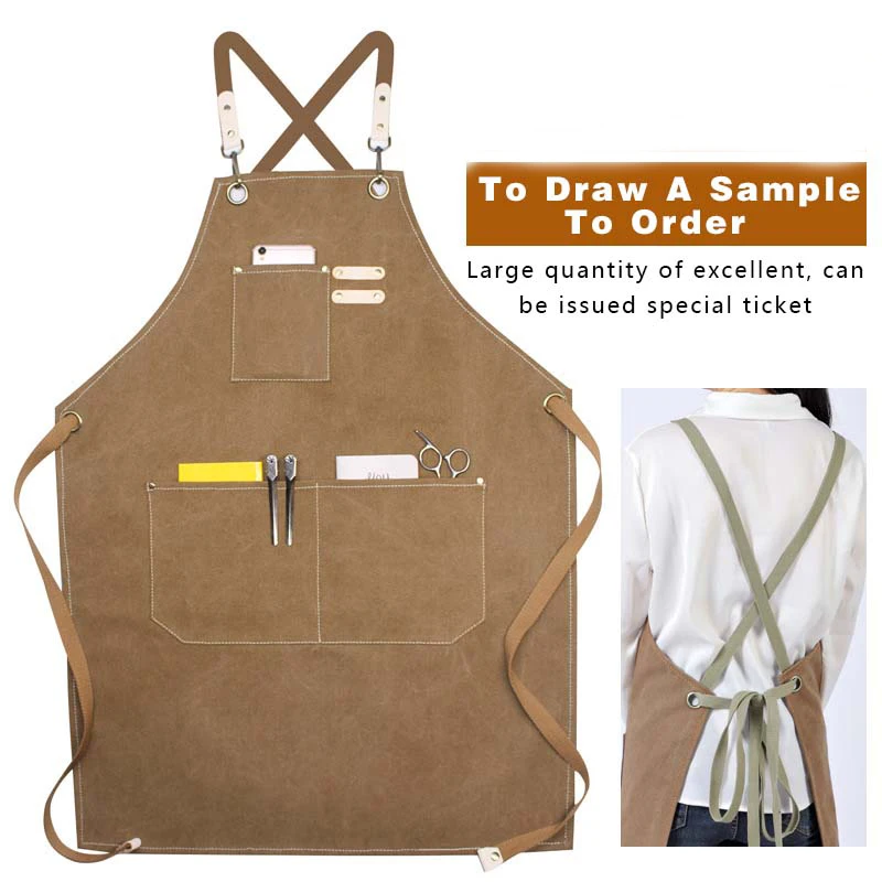 

Fashion Canvas Kitchen Barber Hairdresser Catering Baking Thickened Work Uniform Multiple Pockets Hanging Ring Waterproof Apron