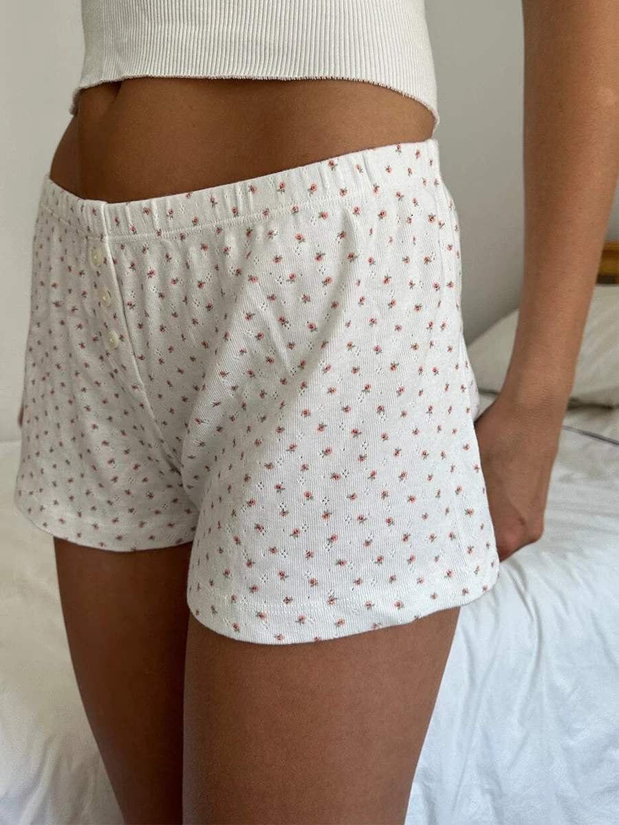 Pantalones cortos informales de verano para mujer, Shorts con estampado de rayas y corazones florales, cintura elástica, pijama, ropa interior de uso diario