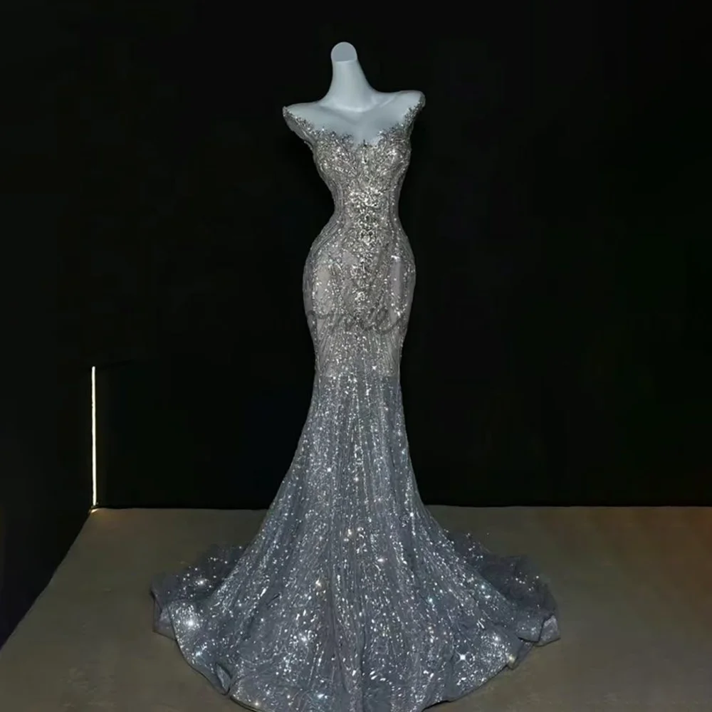 

Stunning V Neck Slim Mermaid Evening Dress For Women Sleeveless Shinning Luxury Beads Crystal Applique Prom Gown Robes De Soirée