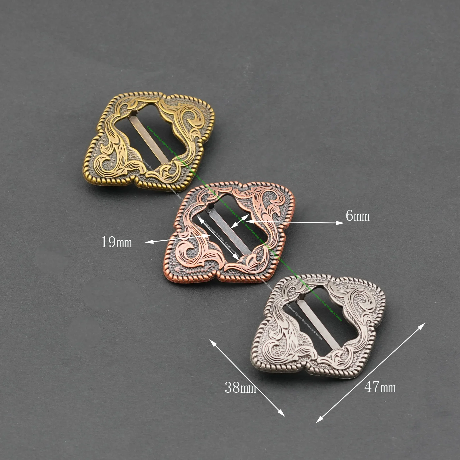 6X Antique Western Cowboy Flower Engraved Leathercraft Saddle Tacks Slotted Concho Tri-Glide Strap Adjuster Slide Belt Buckle