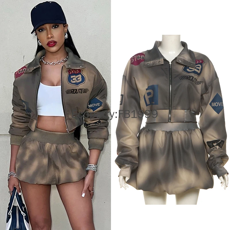 2pcs Vintage Tracksuit for Women Cool Letter Print Short Zip Jacket with Puffy Skirt Set Spring Autumn Fashion Streetwear Suit