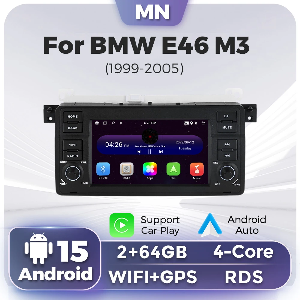7 Inch Android 15 Car Radio Multimedia Stereo For BMW E46 3 318/320/325/330/335 M3 1998 - 2005 CarPlay Auto Wifi Navigation GPS
