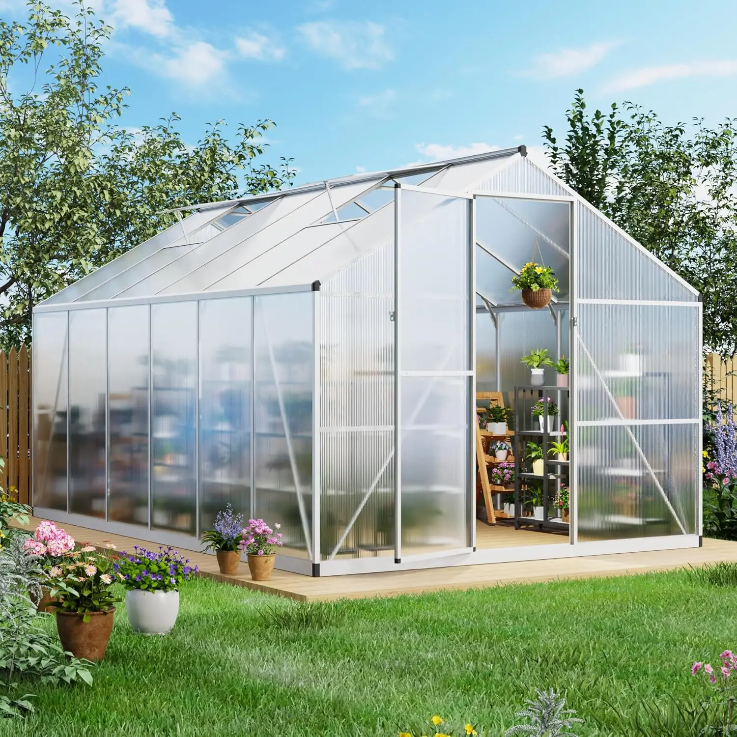 8' X 12' Large Greenhouse For Outdoors, Polycarbonate Walk-In Greenhouse With Roof Vent For Garden, Backyards, Silver