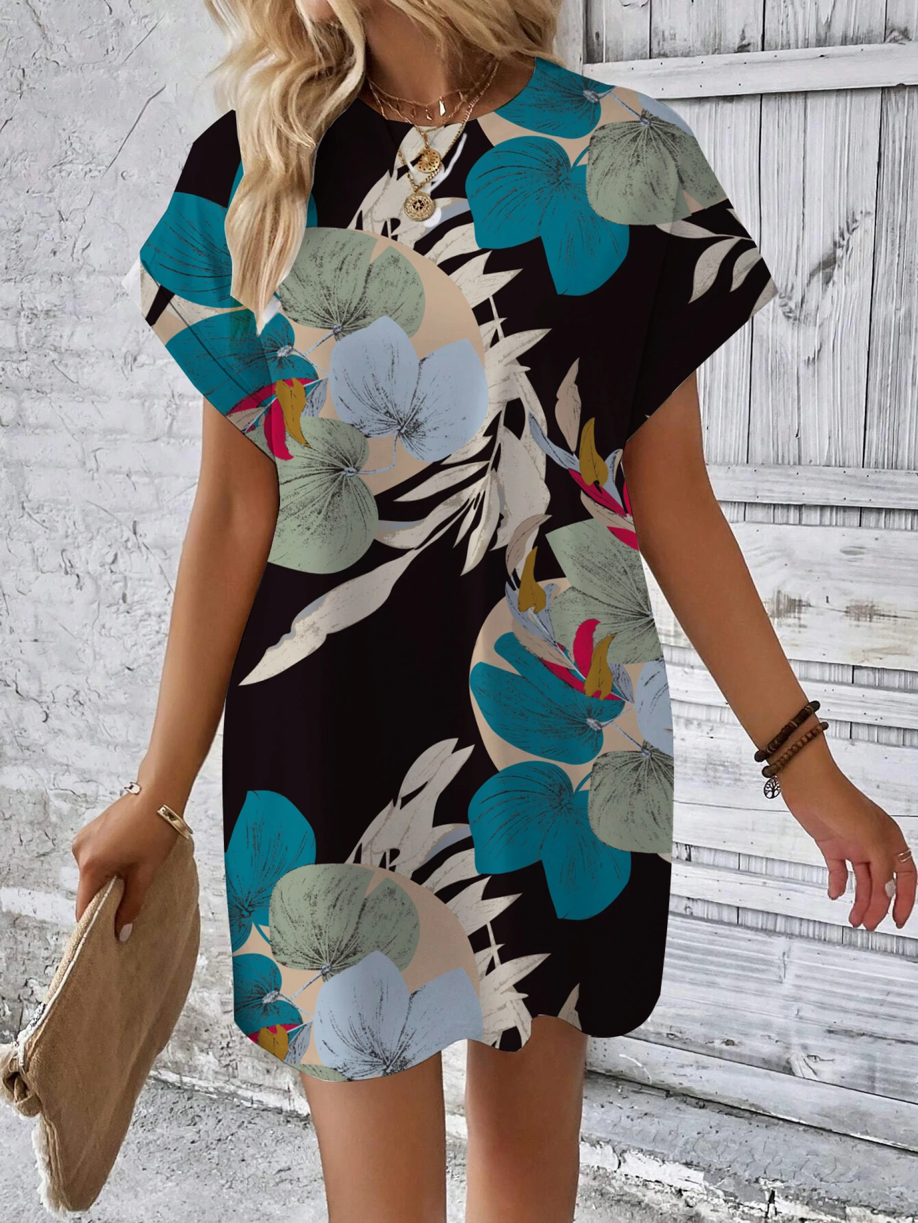 Blusa con mangas de murciélago y estampado de plantas tropicales, Vestido corto tipo túnica, Top fluido para mujer, bata para vacaciones en la playa y verano