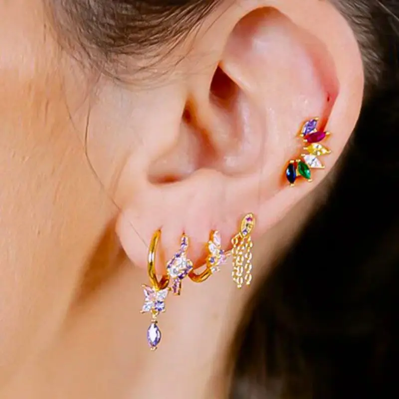 925 Sterling Silver Needle Blue Pink Crystal Stud Earrings For Women Fashion geometry Pendant Earrings Luxury Jewelry Gifts