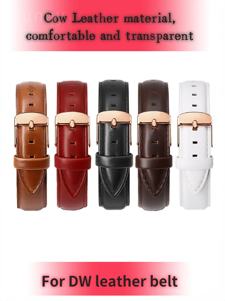 For DW Genuine Leather Watch Band Men's and Women's Original Belt Black Brown Cowhide Retro Universal Watch Bracelet Watch Strap