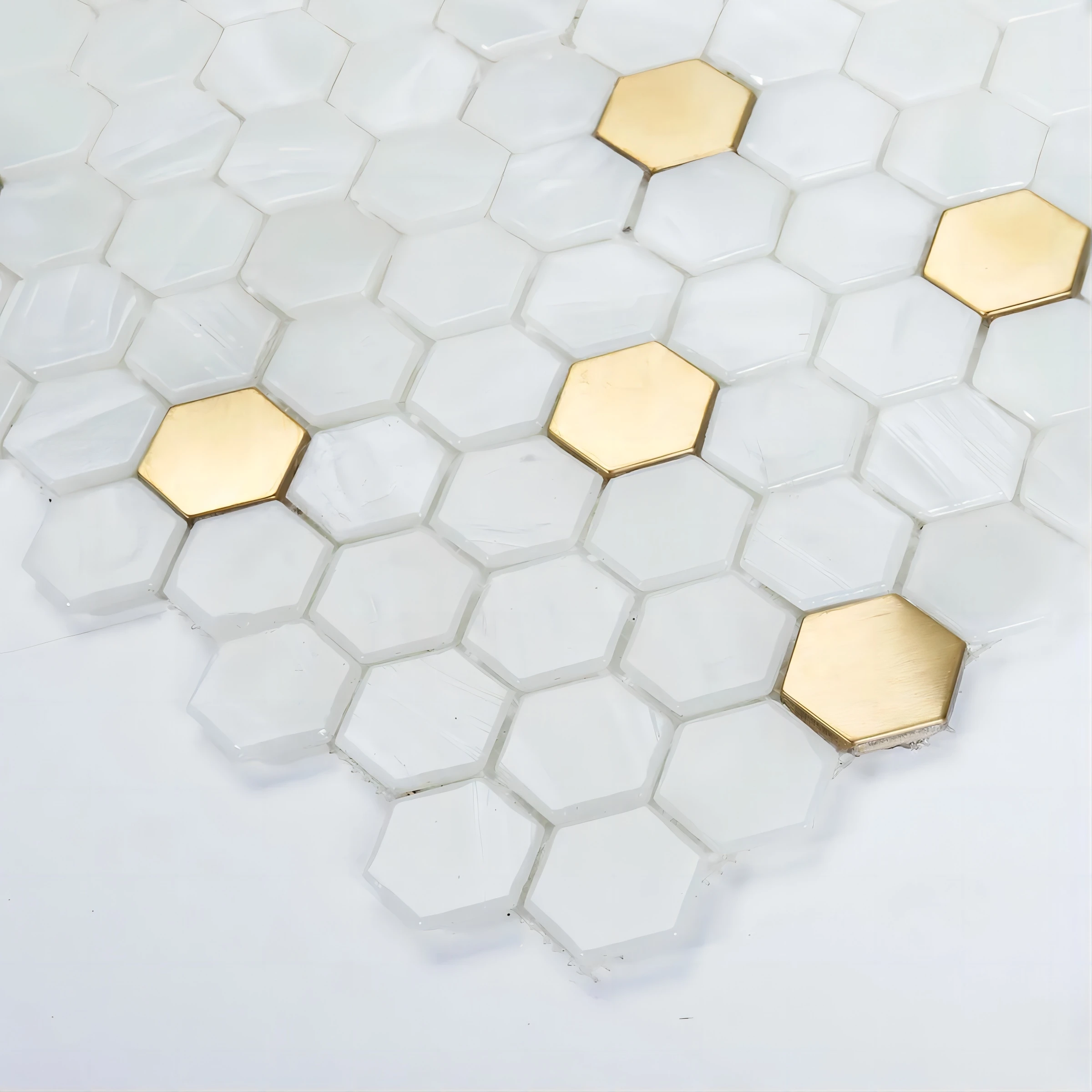 Light Luxury Honeycomb Hexagon White Glass Mix Gold Metal Mosaic Tile Backsplash SSMT2127