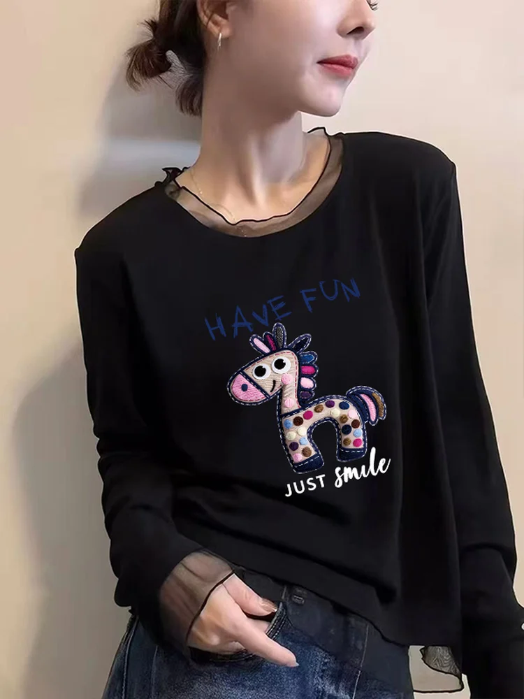Korean Style Long Sleeve T-Shirt Women's Mesh Lace under Shirt Fashionable Versatile Slimming Top Commute Style Winter Season