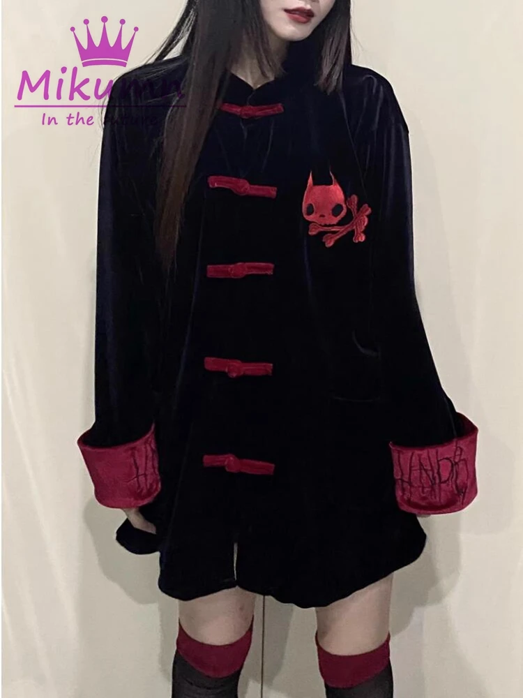 Y2k Japanese Harajuku Punk Women Dress Gothic Lolita Kawaii Embroidered Chinese Stand Collar Vintage Velvet Dress Autumn Coats