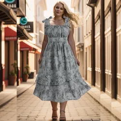 ROSEGAL Plus Size damskie sukienki letni nadruk szare marszczone biust Tie barwnik warstwowe Tank top bez pleców sukienka na co dzień Midi Vestidos