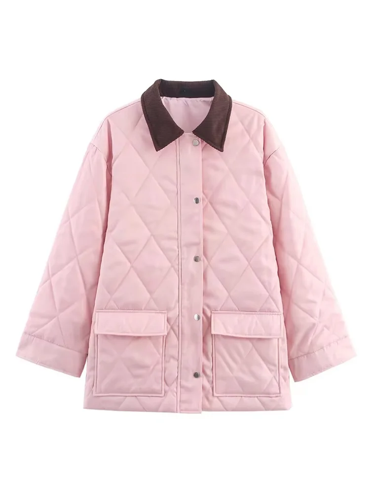 

HH женская осенняя стеганая куртка из нейлонового вельветового воротника с высокими плотными воротниками и бриллиантами, женское термопальто с карманами на молнии с лацканами Mujer