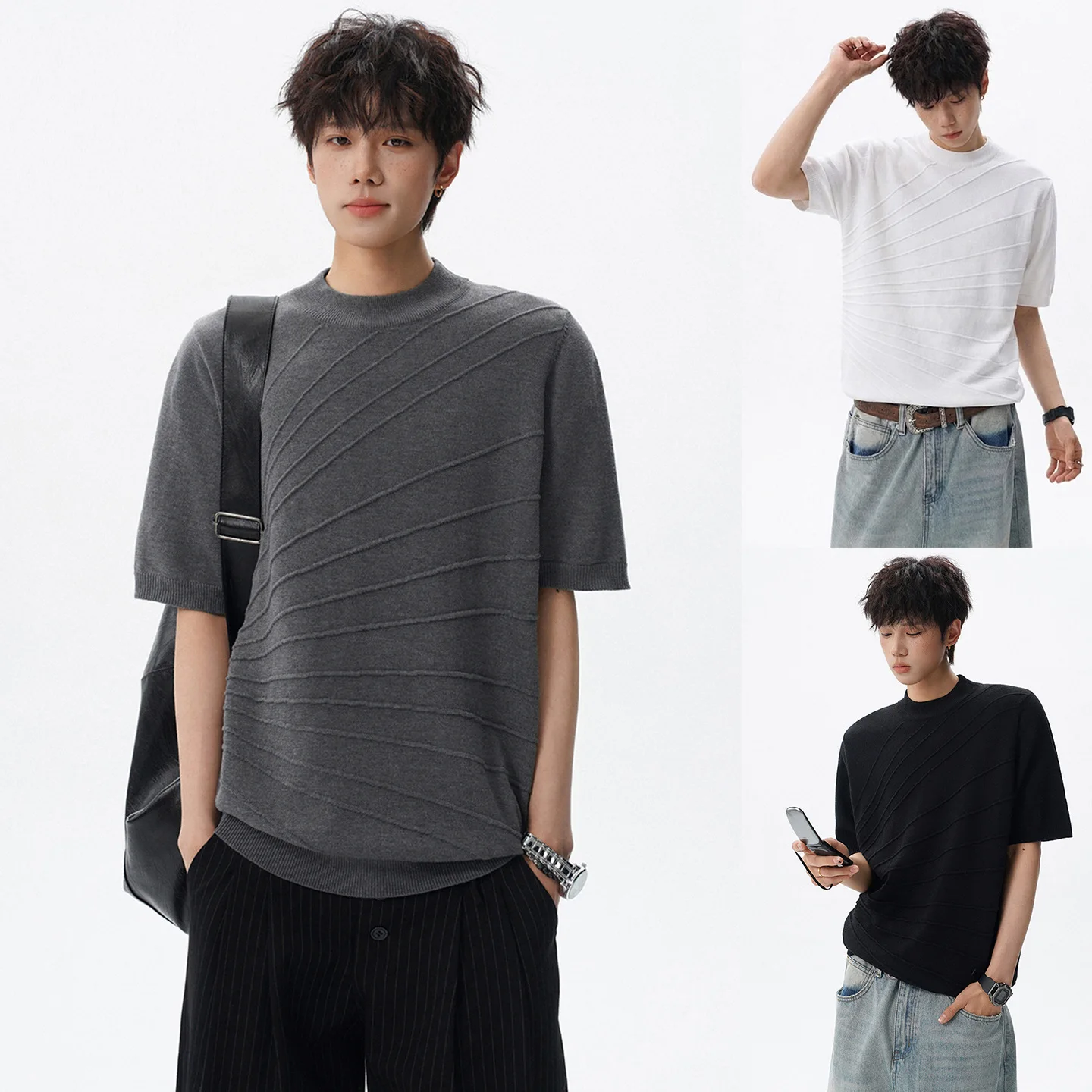 Summer Ice Silk Short Sleeve Knitted Sweater T-Shirt Men's Loose Line Sculpture Stripe Slim Fit Business