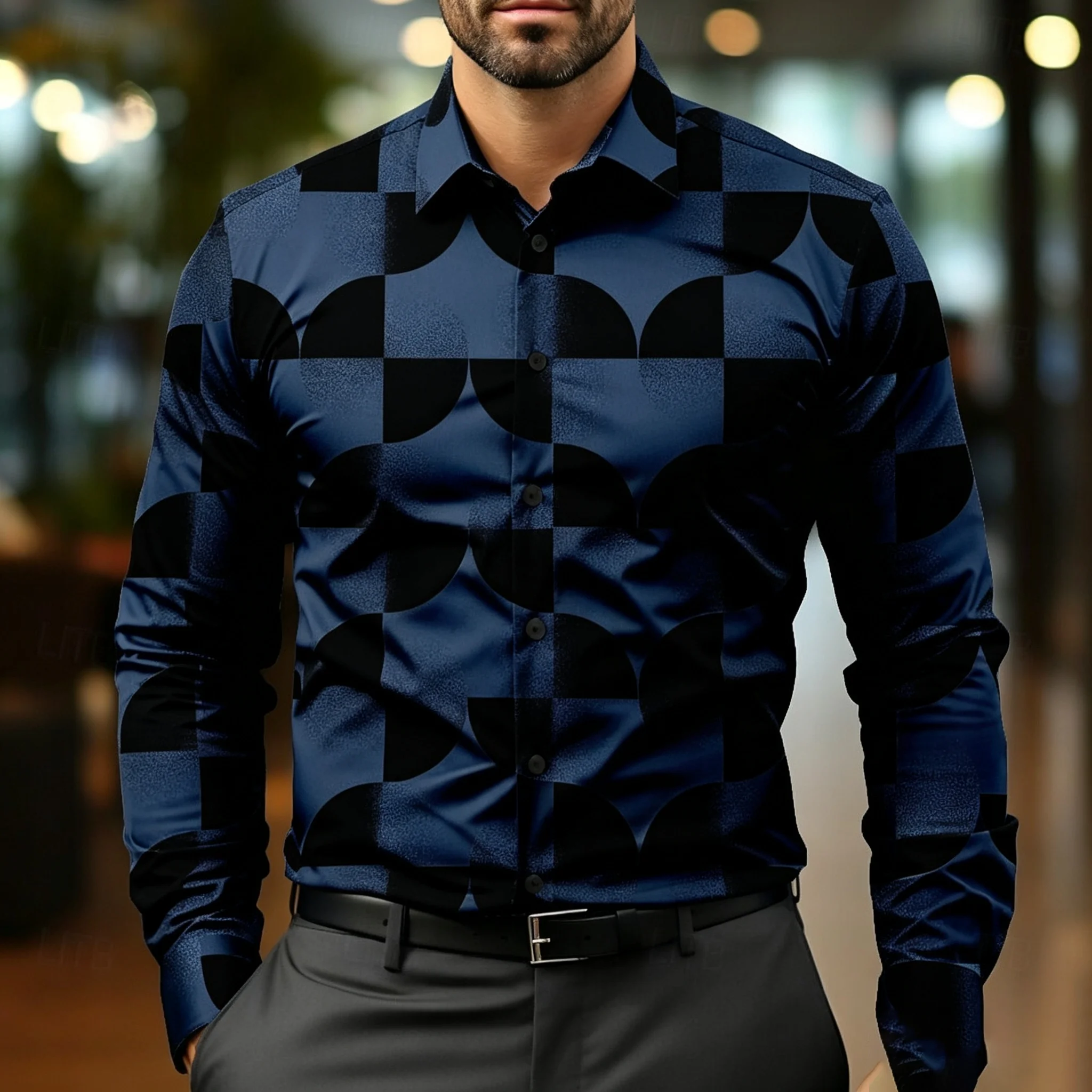 Men's Geometric Semicircle Print Long-Sleeve Shirt, Artistic Patchwork Collared Shirt, Business Trendy Men's Top