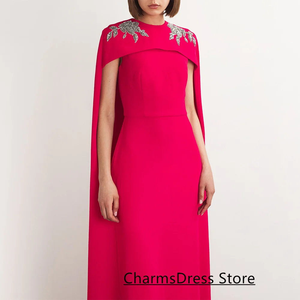 Fuchsia ชุดราตรี Cape ที่กําหนดเองรอบคอลูกปัดคริสตัลตรงความยาวชั้น Arabian PARTY ชุดราตรี