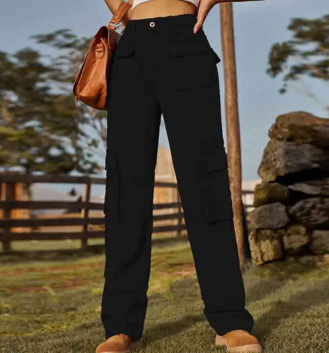 

Women's Retro Washed Semi-Elastic Denim Workwear Casual Pants Multi-Pocket Style Classic Fit