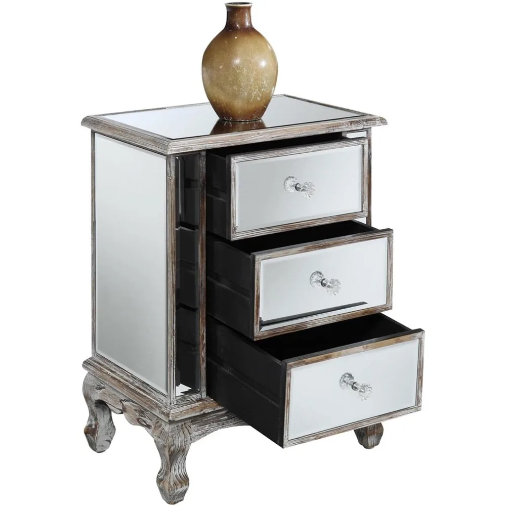 Mirrored End Table 19" - Living Room Table with 3 Drawers for Storage, Side Table Side Table, Weathered White/Mirror