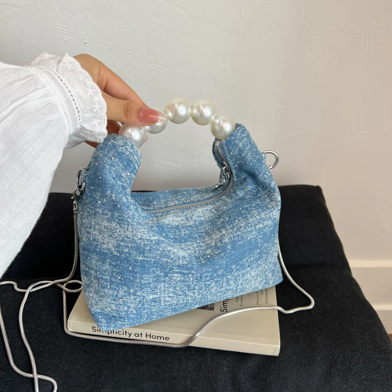 

Pearl Handle Clutch BagVintage Women's Handbag Designer Jeans Bag Casual Fashion Bucket Crossbody Shoulder Bag Lady Wrist Bag