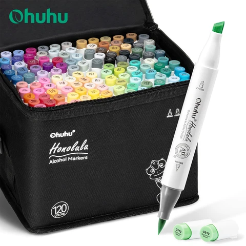 Ohuhu honolulu 120 cores marcador caneta conjunto marcadores de arte álcool recarregável dicas duplas esboçar desenho mangá material escolar arte