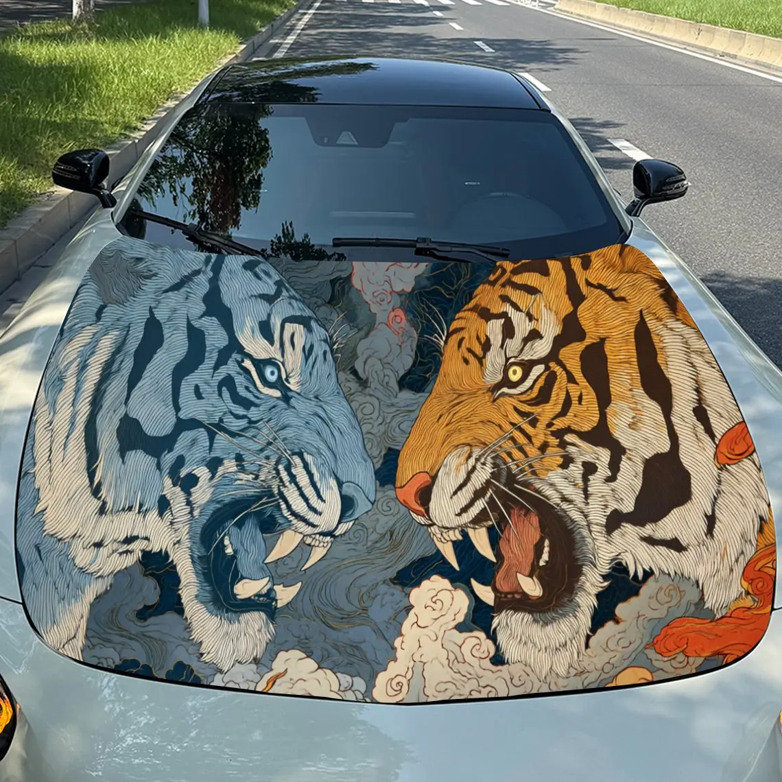 ملصقات غطاء السيارة القوية من Clashing Tigers - لفافة فينيل ذاتية اللصق ومقاومة للماء ومتينة، وتزيين وتحمي سيارتك، Fi