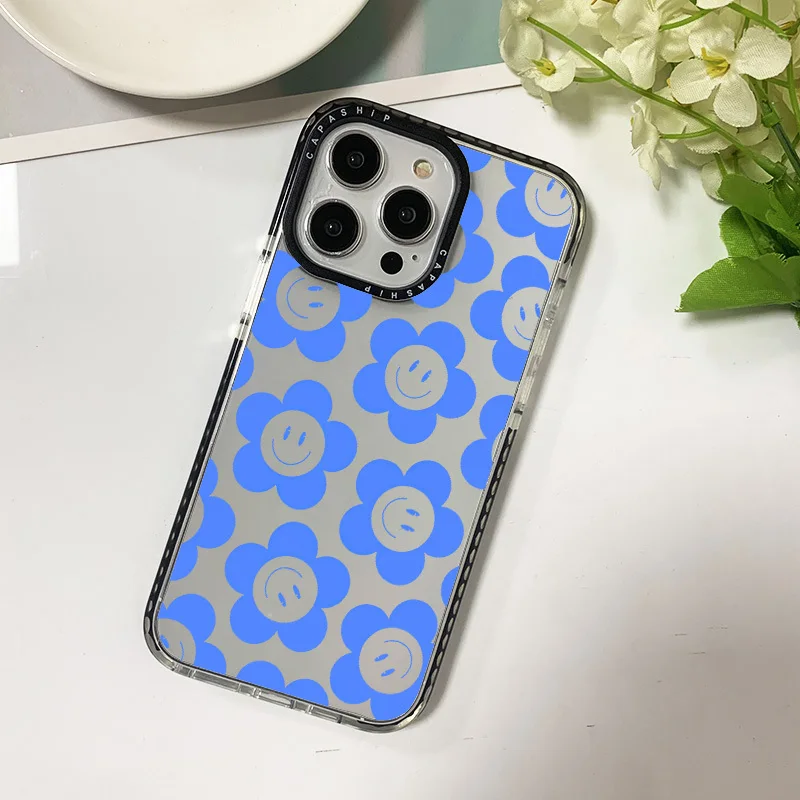 Ins Blue Smile Flower Case For Iphone 11 14 15 Pro Max Clear Silicone Soft Funda 12 13 Mini 6 7 8 Plus X XR XS Shockproof Cover