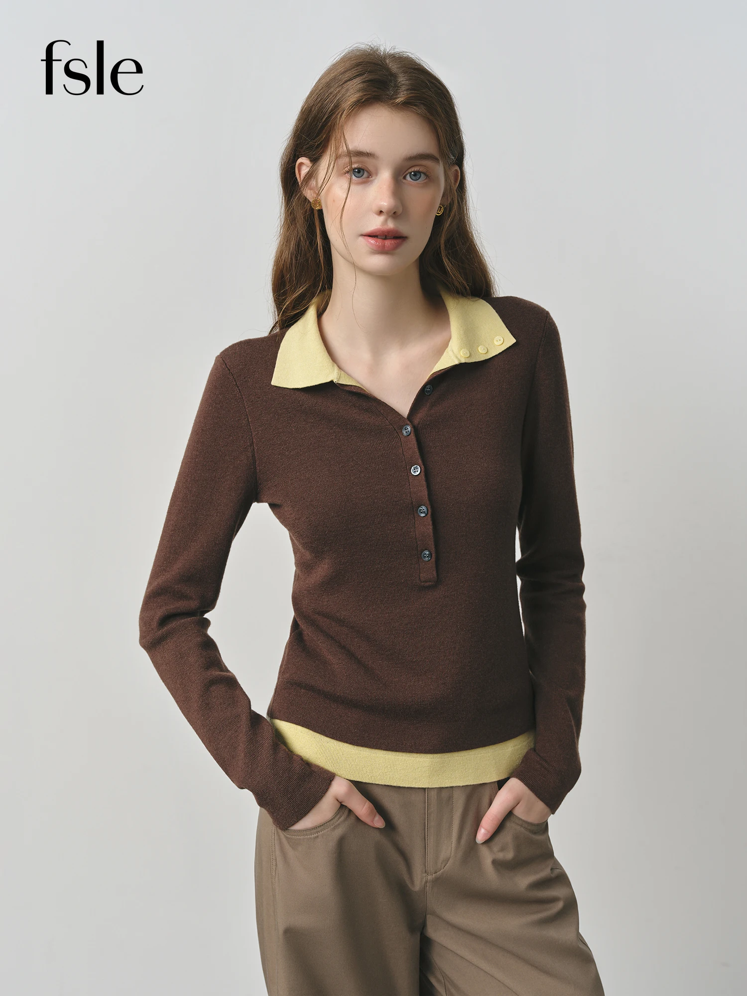 

FSLE 2025 New Autumn Women's Knitted Sweater Color Block Barenia Style Fake Two-Piece Turn Collar Vintage Cozy Cable Knit Top