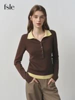 FSLE 2025 New Autumn Women's Knitted Sweater Color Block Barenia Style Fake Two-Pieces Turn Collar Vintage Cozy Cable Knit Top