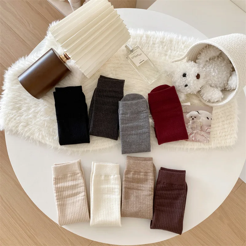 8 pairs of women's autumn winter warm anti slip sweat absorbing mid tube socks solid color simple comfortable casual socks