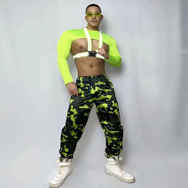 Fluorescence Green Tops Camouflage Pants Reflective Straps Outfit Nightclub Dj Ds Costume Muscle Man Gogo Dancing Clothes