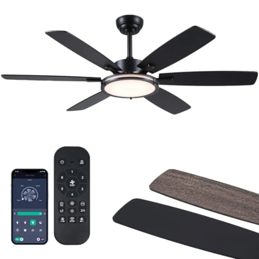 Ceiling Fan with Light 52in Modern Ceiling Fan with Light and Remote for Bedroom Flush Mount DC Reversible Motor Black lampshad