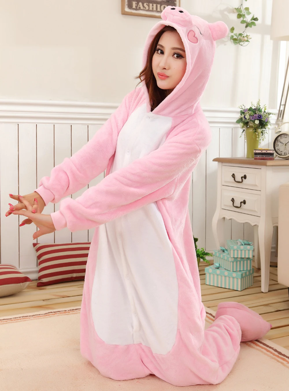 Anime Onesies Women Warm Sleepwear Flannel Pajamas Set Children Kids Girls Jumpsuits Cosplay Pink Pig Animal One Piece Costumes