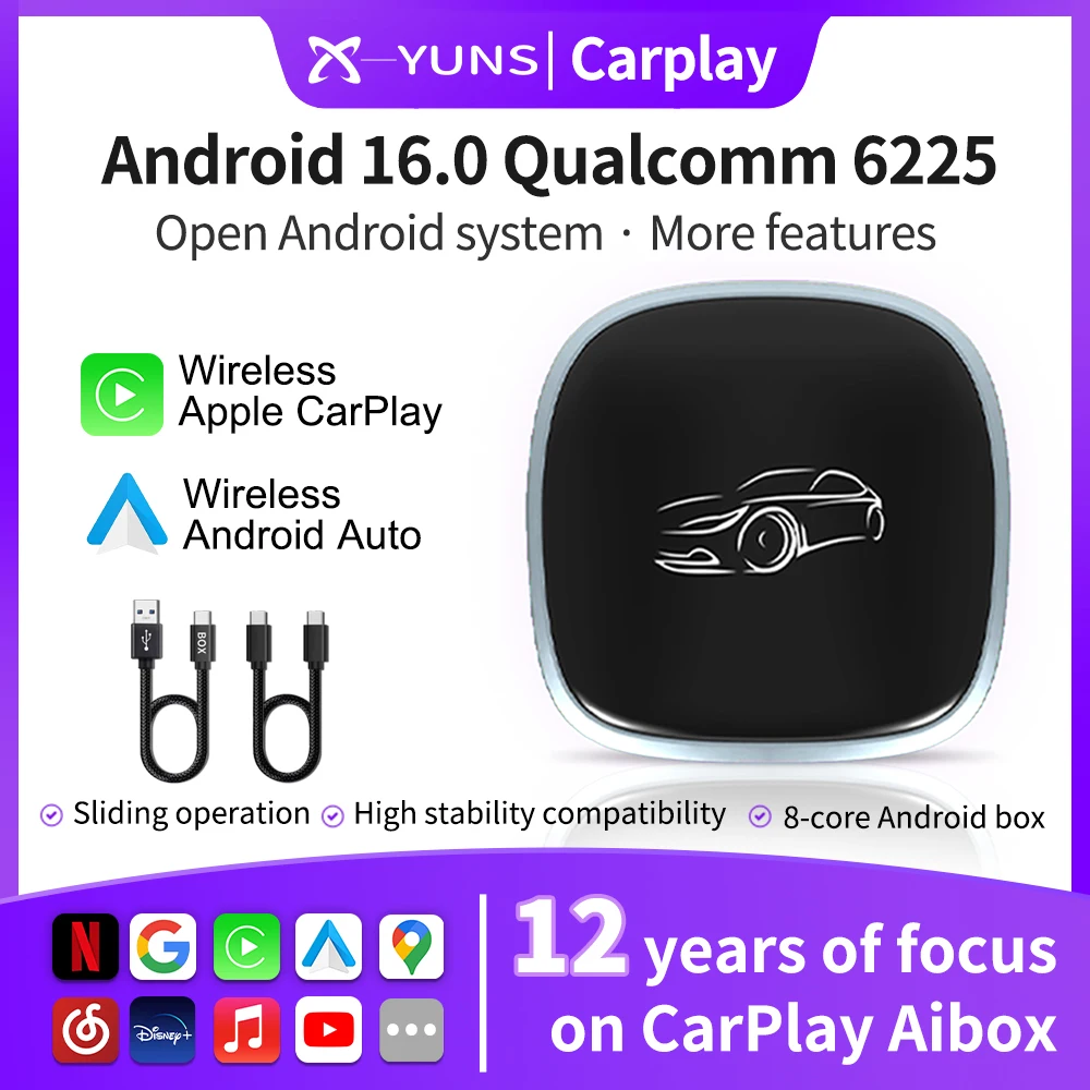 X-YUNS SM6225 Android16 Wireless CarPlay AI Box Wired To Wireless CarPlay Android Auto Adapter Plug&Play For VW Geely Kia Toyota